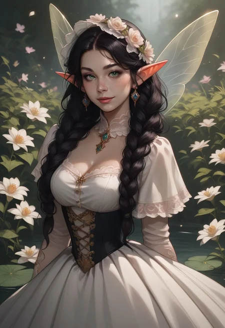 Expressiveh, score_9, score_8_up, score_7_up, 1girl, female_focus, elf female, long black hair, fairy wings, flower crown, braided hair, gold hair tie, green eyes, freckles, short pointed ears, milf, victorian dress, happy, flowery meadow, pond, dancing, cowboy shot