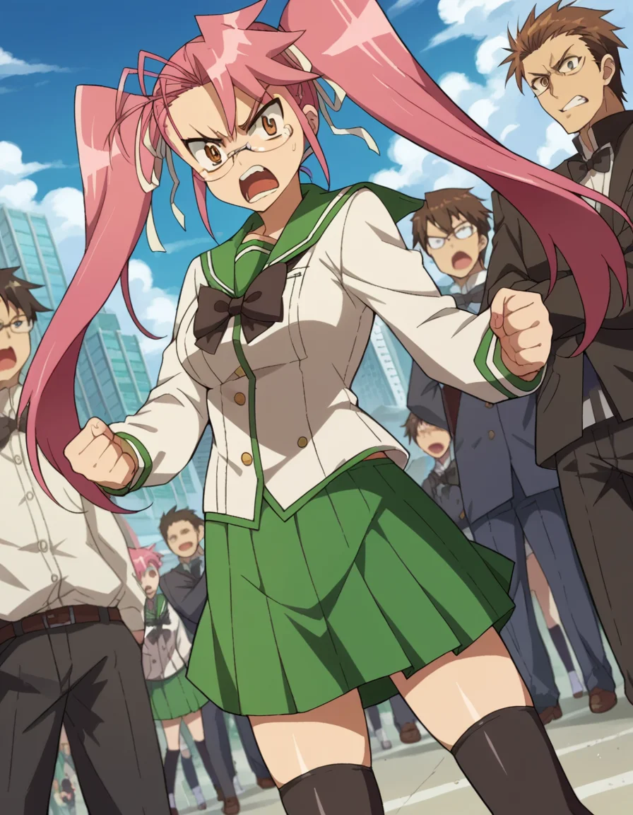 score_9, score_8_up, score_7_up, source_anime,
sayatakagi, <lora:saya-takagi-ponyxl-lora-nochekaiser:1>,
saya takagi, long hair, ribbon, twintails, brown eyes, hair ribbon, pink hair, glasses, angry, shouting,
skirt, thighhighs, school uniform, serafuku, zettai ryouiki, green skirt, bowtie, long sleeves, black thighhighs, black bowtie,
outdoors, cityscape, zombies, crowd, people,
looking at viewer, cowboy shot, dutch angle,