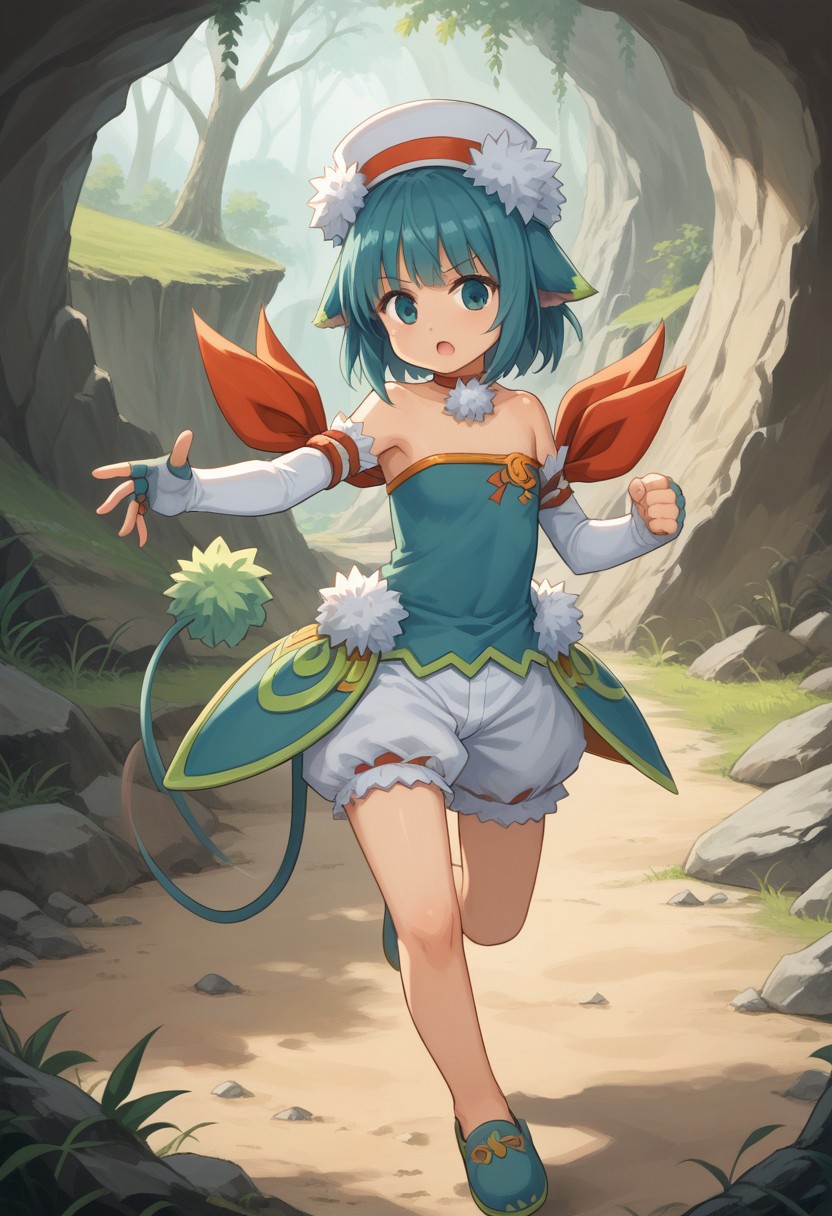 score_8, score_8_up, score_7_up, source_anime, anime screenshot BREAK 1girl, female focus, solo, Rufeel_SCS, monster girl, hat, animal ears, aqua hair, pom pom (clothes), choker, strapless shirt, bare shoulders, green shirt, puffy shorts,  elbow gloves, fingerless gloves, ribbon, tail, slippers, outdoors, canyon, looking at viewer, fighting stance,