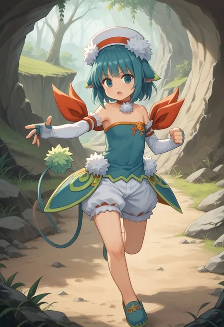 score_8, score_8_up, score_7_up, source_anime, anime screenshot BREAK 1girl, female focus, solo, Rufeel_SCS, monster girl, hat, animal ears, aqua hair, pom pom (clothes), choker, strapless shirt, bare shoulders, green shirt, puffy shorts,  elbow gloves, fingerless gloves, ribbon, tail, slippers, outdoors, canyon, looking at viewer, fighting stance,