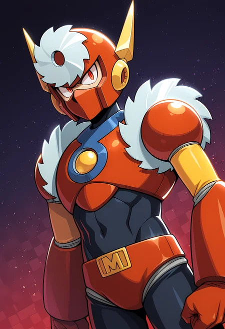 masterpiece, best quality, amazing quality, dutch angle, abstract background, BREAK
1boy, solo, male focus, mm2_metal, helmet, mask, red eyes, android, armor, BREAK
<lora:cfg_scale_boost:.6> <lora:DWN-009_Metal_Man_-_Mega_Man_2_-_ILXL:1>
