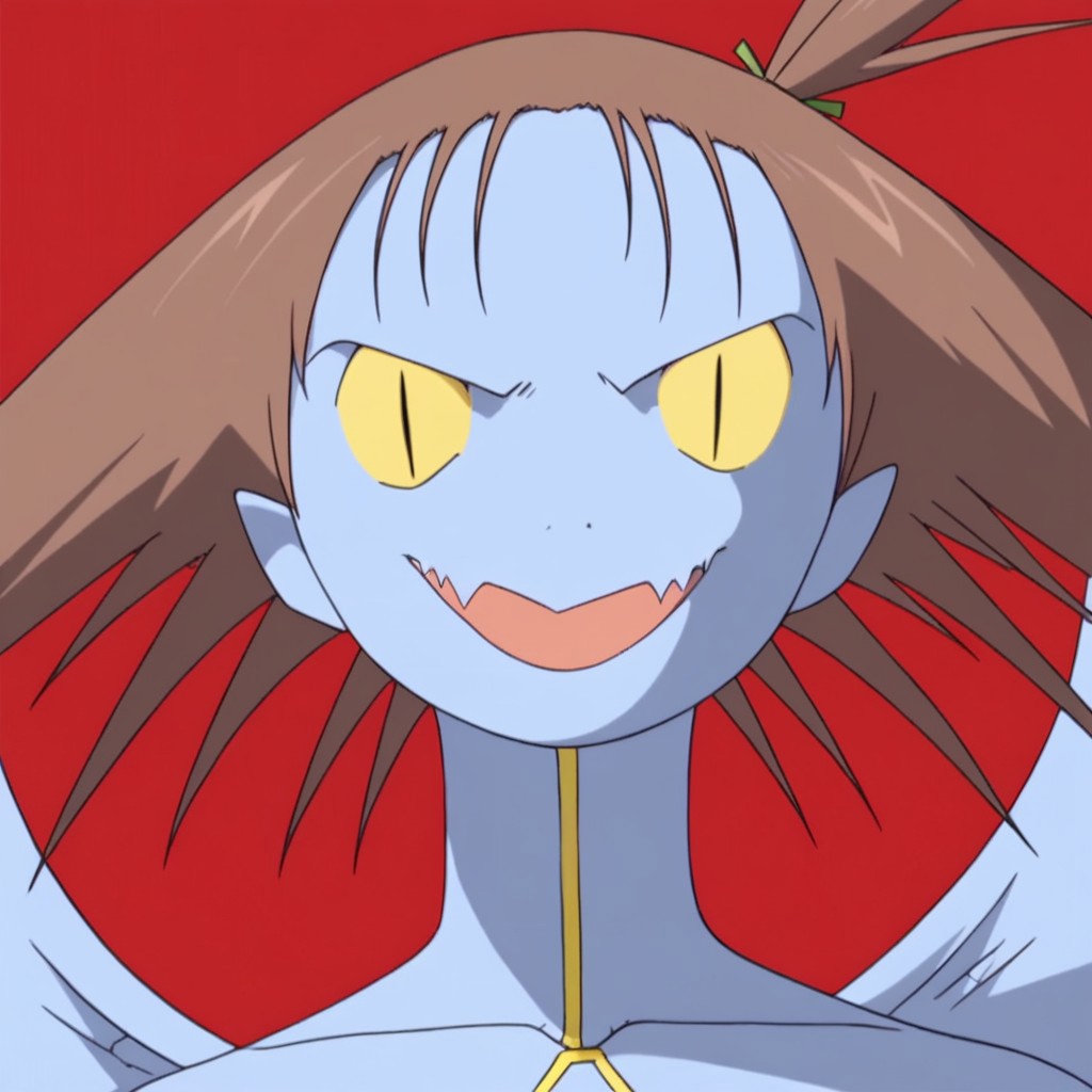 score_9, score_8_up, score_7_up, masterpiece, best quality, highly detailed, realistic, 1girl, solo, (JeriADR, humanoid, brown hair, side ponytail, yellow sclera, black eyes, slit pupils, light-blue skin, light-blue body, breasts, light-blue wings, close-up), looking at viewer, open mouth, flesh fang, tongue, smile, close-up, Expressiveh, (red background, simple background)