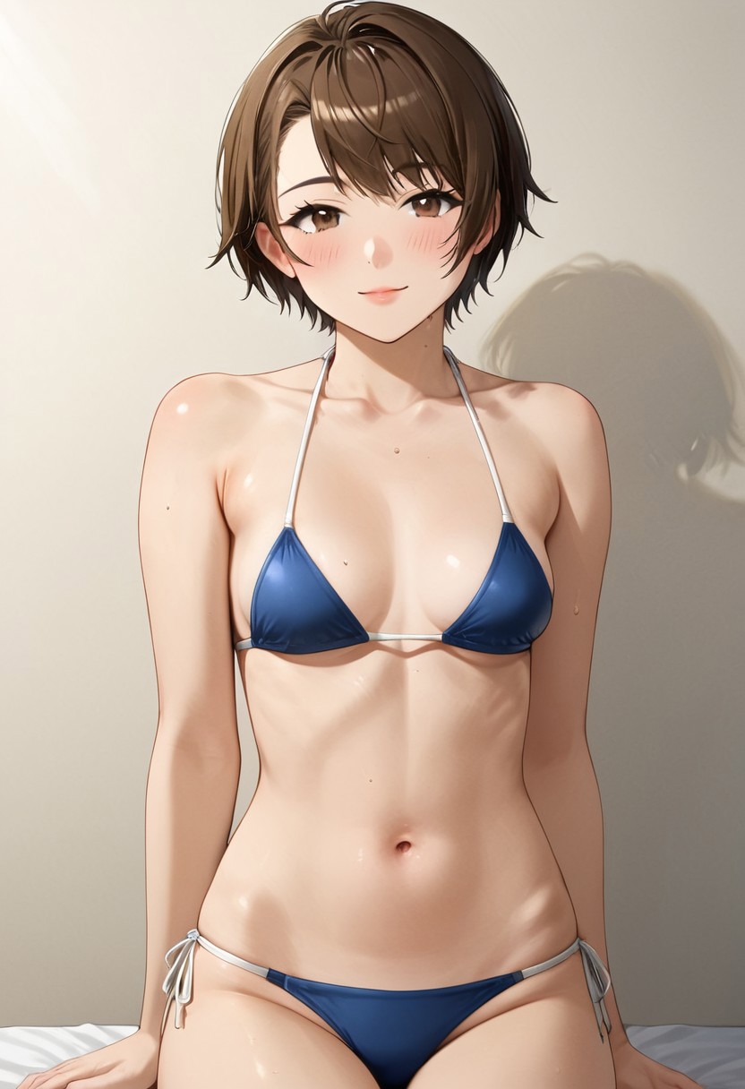 1girl, short hair, brown hair, small breasts, bikini,