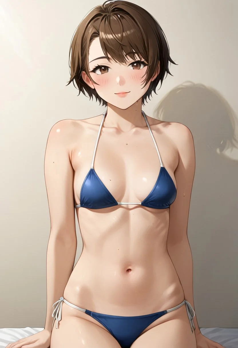 1girl, short hair, brown hair, small breasts, bikini,