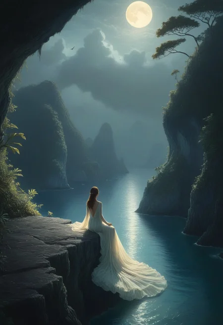 Create an image taken of the breathtaking beauty of Raja Ampat by moonlight , one beautiful woman from behind wearing a long glowing dress sitting at the top of a cliff looking towards the beach,pastell light colors, flying paradise bird, glowing, best quality, realistic, whimsical, fantastic, splash art, intricate detailed, hyperdetailed, maximalist style, photorealistic, concept art, sharp focus, harmony, serenity, tranquility, soft pastell colors,ambient occlusion, cozy ambient lighting, masterpiece, liiv1, linquivera, metix, mentixis, masterpiece, award winning, view from above