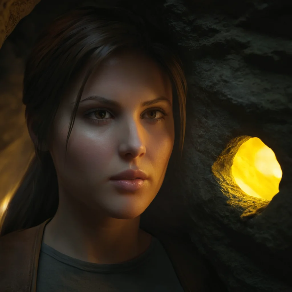 cinematic film still of  <lora:Lara Croft Tomb Raider:0.9> <lora:Unreal Engine style:0.6> Unreal Engine style
 <lora:TeethXL:1> perfect lips
Lara Croft Tomb Raider a woman looking through a yellow light hole in a dark cave, shallow depth of field, vignette, highly detailed, high budget, bokeh, cinemascope, moody, epic, gorgeous, film grain, grainy