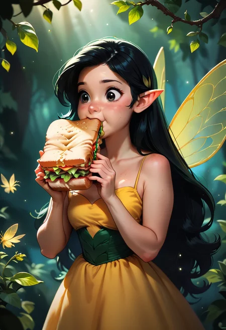 score_9, score_8_up, score_7_up, score_6_up, score_5_up, score_4_up masterpiece, high quality, a girl eating a sandwich in a magical forest, cute, black long hair, yellow dress,Fairy Wings , j_huiben, source_cartoon