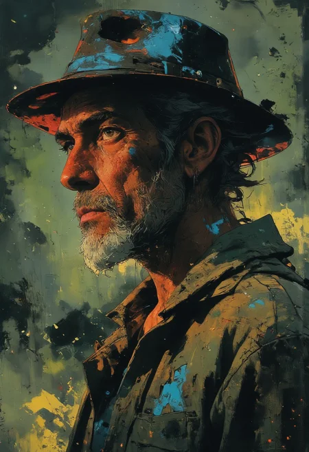 A dramatic profile of an elderly man with deep wrinkles and a silver beard, lit by a bright crimson spotlight. His worn fedora is splattered with vibrant blue paint. The background is a smoky void with bursts of lime green streaks, giving an abstract and dynamic energy to the portrait.