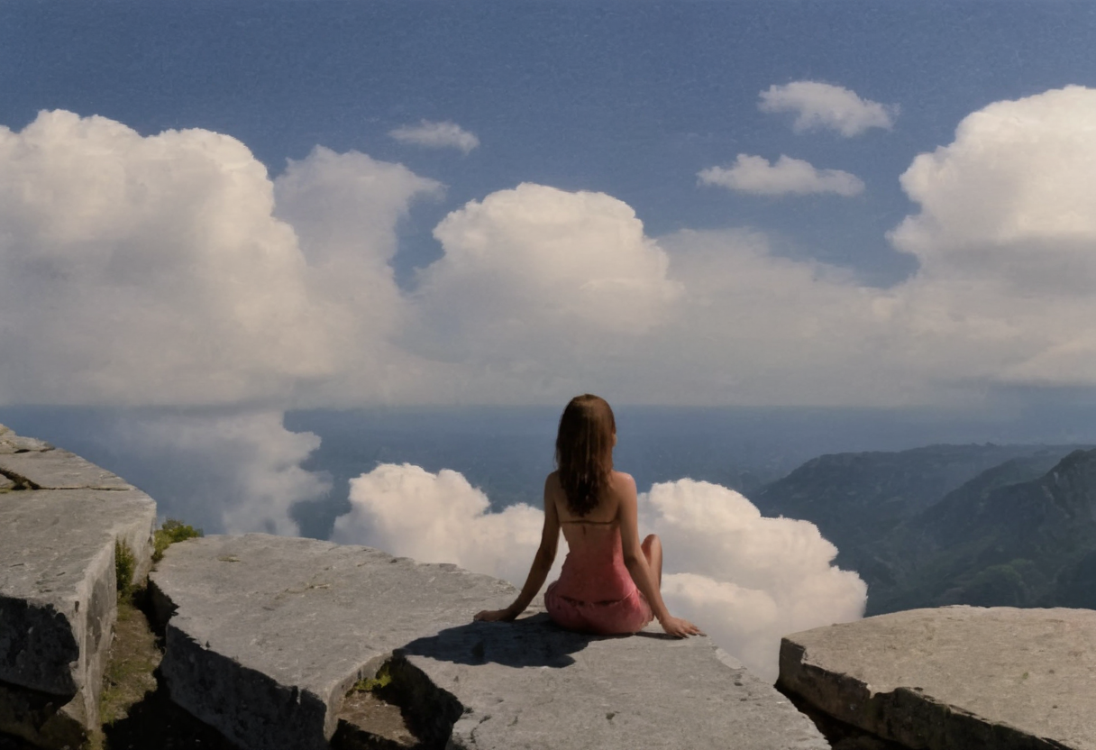 a surreal scene where a woman sits on the edge of a stone ledge, gazing at the sky adorned with a massive eye peering out from behind a cloud, blending elements of human presence with the bizarre and weirdcore <lora:y2kmadmix_db-v0.0.1-extract:1>