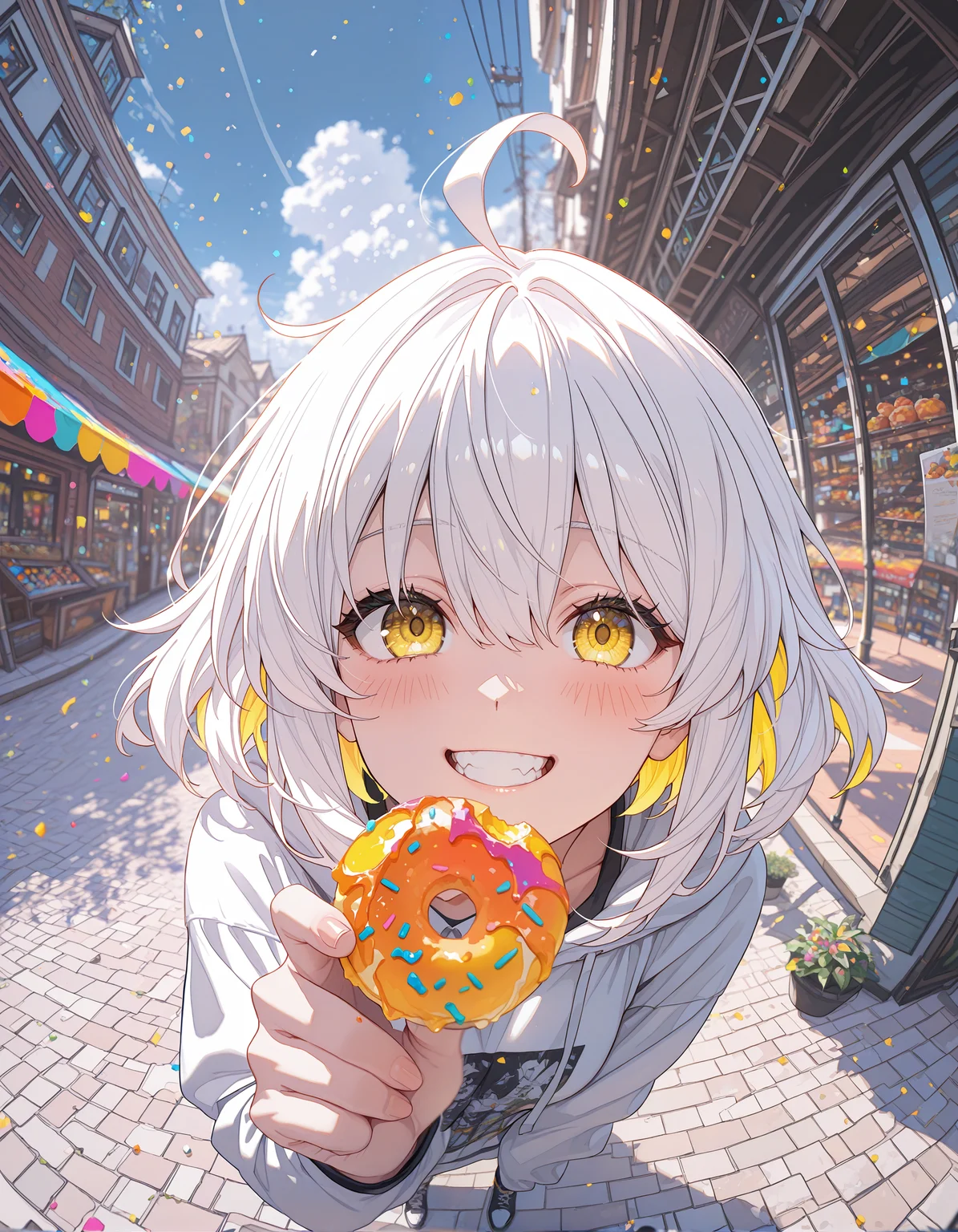 incredibly absurdres, masterpiece, absurdres, high quality,re4lity_sync_illu, 1girl, yellow eyes, food, solo, outdoors, looking at viewer, ahoge, holding, blush, holding food, smile, white hair, teeth, blurry,depth of field, bright colors,colorful,fisheye,  <lora:re4lity:1>