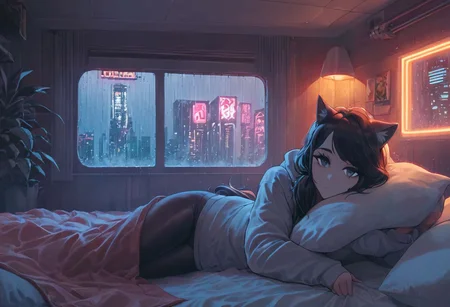 score_9,score_8_up,score_7_up,score_6_up, 1girl,
sitting in bed next to a large window, holding coffee cup, steaming coffee cup on windowsill, wearing croptop hoodie, black croptop hoodie, long hair, black hair, low ponytail hairstyle, pov from outside, view from putside the window looking into the room, looking out window, head resting on pillow laying on the bed, hoodie, plants on the windowsill, looking out the window, looking at viewer, background is the bedroom, tidy bedrrom, small room, cramped bedroom, teddies on the bed,, wearing legging, see through thights, black tights, cyberpunk city view out of the window, raining outside, heavy rain outside, neon light, purple neon lights, cat on the bed, pet cat in the room, pet cat sleeping on the bed