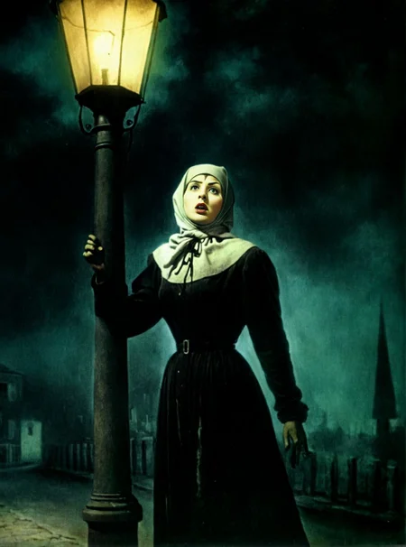 A streetlamp flickering as if alive, afraid of dawn -- <lora:Vintage Horror XL:1> Vintage Horror, painting , <lora:pal:1> Photo of a woman. <lora:Ingrid Bergman SDXL:1> namgrebdirgni