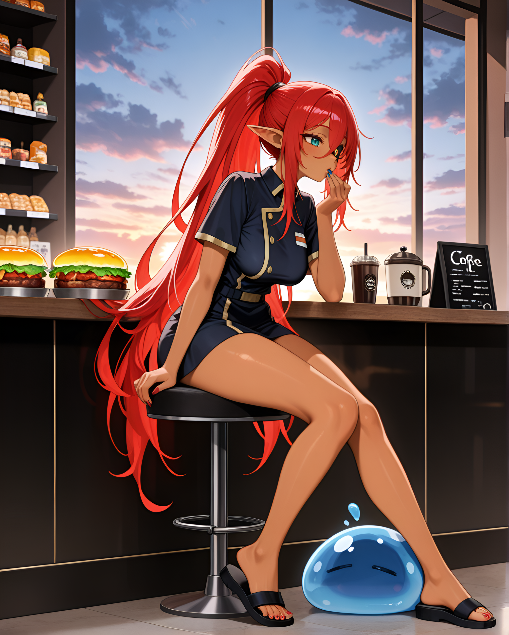comic, nail_polish, anime character, Sunset ombré hair, long_nails, motion_blur:1.1, depth of field, HDR, foot_on_rung - One foot resting on the stool's support bar, Tasting counter at a gourmet food store, Stage Lighting, ambient occlusion, dreamcore, masterpiece, very long hair, ultra-detailed, motion_lines:1.1, Elmesia (That Time I Got Reincarnated as a Slime), Blue Tint Theme, sandals, sagging breasts, absolutely eye-catching, amazing quality, high ponytail, ephemeral, elf, Interastral Coffee Shop Worker Uniform - Comfortable yet distinctive attire for cosmic café employees., slime_(creature), on_stool, absurdres, Basilisk, 8K, cloudy, newest, Dawn, glow, sitting, very aesthetic, 1girl, resting a katana point on the ground, best quality, tan skin, medium breasts