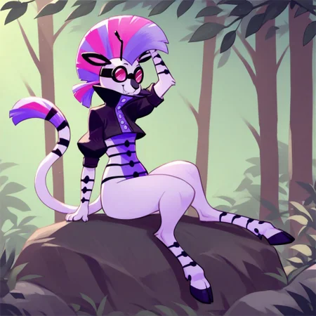 score_9, score_8_up, score_8, score_7, source_cartoon, source_furry, K1d_Neon(F), Solo, 1girl, anthro, furry female, tiger, goat, hybrid, white and blue fur, striped fur, black stripes, pink and blue hair, two-toned hair, mohawk, black ears, antennae, pink eyes, hooves, long tail, black goggles, black cropped jacket, short sleeves, looking at viewer, arm v, full body, smiling, sitting on rock, forest background