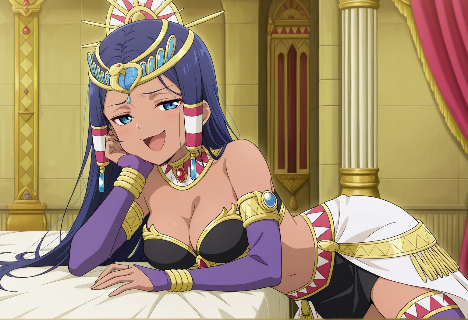anime screencap, anime coloring, anime screenshot, lyng, on side, smug, head rest, indoors, palace, bed, curtains, 1girl, blue hair, blue eyes, long hair, dark skin, jewelry, egyptian clothes, crown, neck ring, detached sleeves, tube top, black skirt, waist cape, thighhighs, sidelock ornament, standing, solo, indoors, palace, ojou-sama pose, laughing, medium breasts, looking at viewer, <lora:UlyssesVoluptua_dq9:1>, masterpiece, best quality, amazing quality, very aesthetic, absurdres, highres, newest