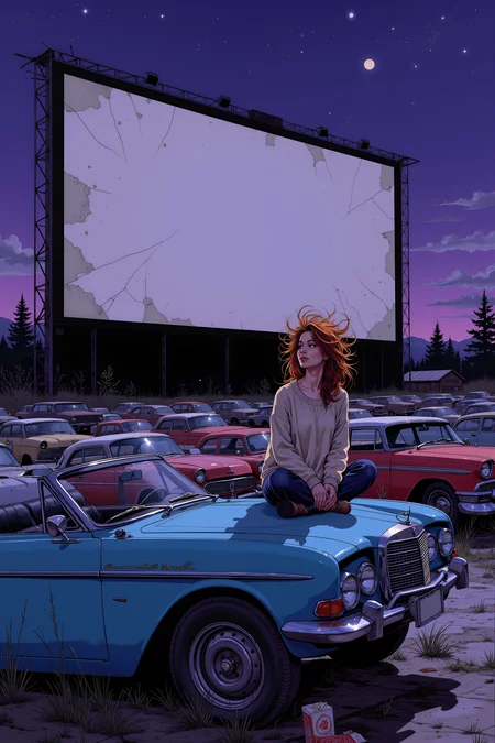 A vast, abandoned drive-in theater under a violet twilight sky. The massive movie screen, cracked and peeling, looms over rows of rusting, long-forgotten cars, their windshields clouded with dust and time. A young woman with messy auburn hair sits cross-legged on the hood of an old blue convertible, her oversized sweater slipping off one shoulder. The radio on the dashboard crackles with faint static, the remnants of a forgotten station barely whispering through the speakers. Fireflies blink lazily around her, their soft glow adding warmth to the cool, silent night. Above, the stars begin to emerge, scattered like fragments of a lost dream. An old popcorn bag tumbles across the pavement, caught in the gentle breeze. The woman sighs, tilting her head back to watch the sky, her fingers absentmindedly tracing patterns on the metal hood beneath her. The world feels untouched, as if this forgotten place exists outside of time, a secret moment held between dusk and dawn.<lora:Dorota_Pietrowiak:0.3> Portrait by Dorota Pietrowiak <lora:Comic book V2:0.8> High-contrast illustration
