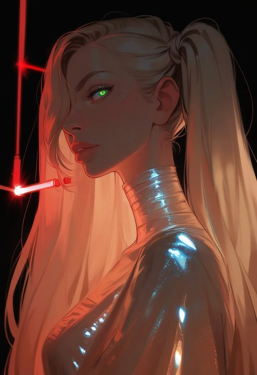score_9, score_8_up, score_7_up, score_6_up,score_5_up, closeup, portrait, detail,
(1girl:1.7), Frieren, very long hair,blonde hair,hair over one eye,one eye covered, giant massive horns, silver and blonde hair, (laser light clothes:1.7), (glowing dress:1.7), twintails, (((turns to the viewer, the view from the back))), (perfect face:1.1), green eyes,glittering, onyx dress, from side, profile, intricate complexity details, dark background