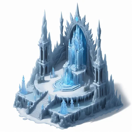 (((masterpiece))),(((best quality))),((ultra-detailed)),solo,isometric,
WAM_bd,solo,
An ice crystal palace in the Icewind Valley, with a large ice crystal throne in the center, surrounded by ice sculptures and falling snowflakes, and the interior of the palace filled with a chilling atmosphere,,
(white background, simple background:1.5),fantasy art,
 <lora:WAMå»ºç­æ¨¡å:0.8>