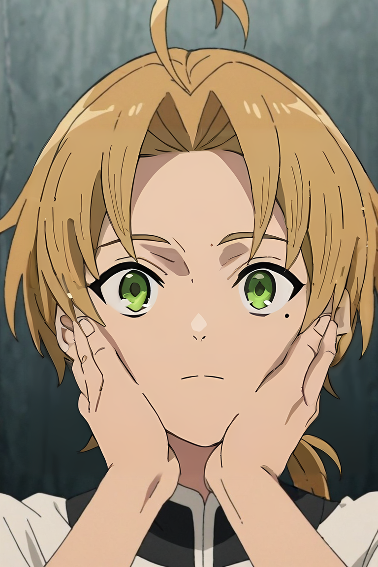 score_9, score_8_up, score_7_up, score_6_up, score_5_up, score_4_up, BREAK source_anime, anime screencap, , official style, looking at viewer, , , 1boy, solo, male focus, <lora:rudeus_greyrat_pony:0.78>, rudeus_greyrat, blonde hair, green eyes, short hair, bangs, parted bangs, ahoge, mole, mole under eye, ponytail, low ponytail, , , Hands on the cheeks, suggesting awe or astonishment, <lora:sdxl_lightning_8step_lora:1>