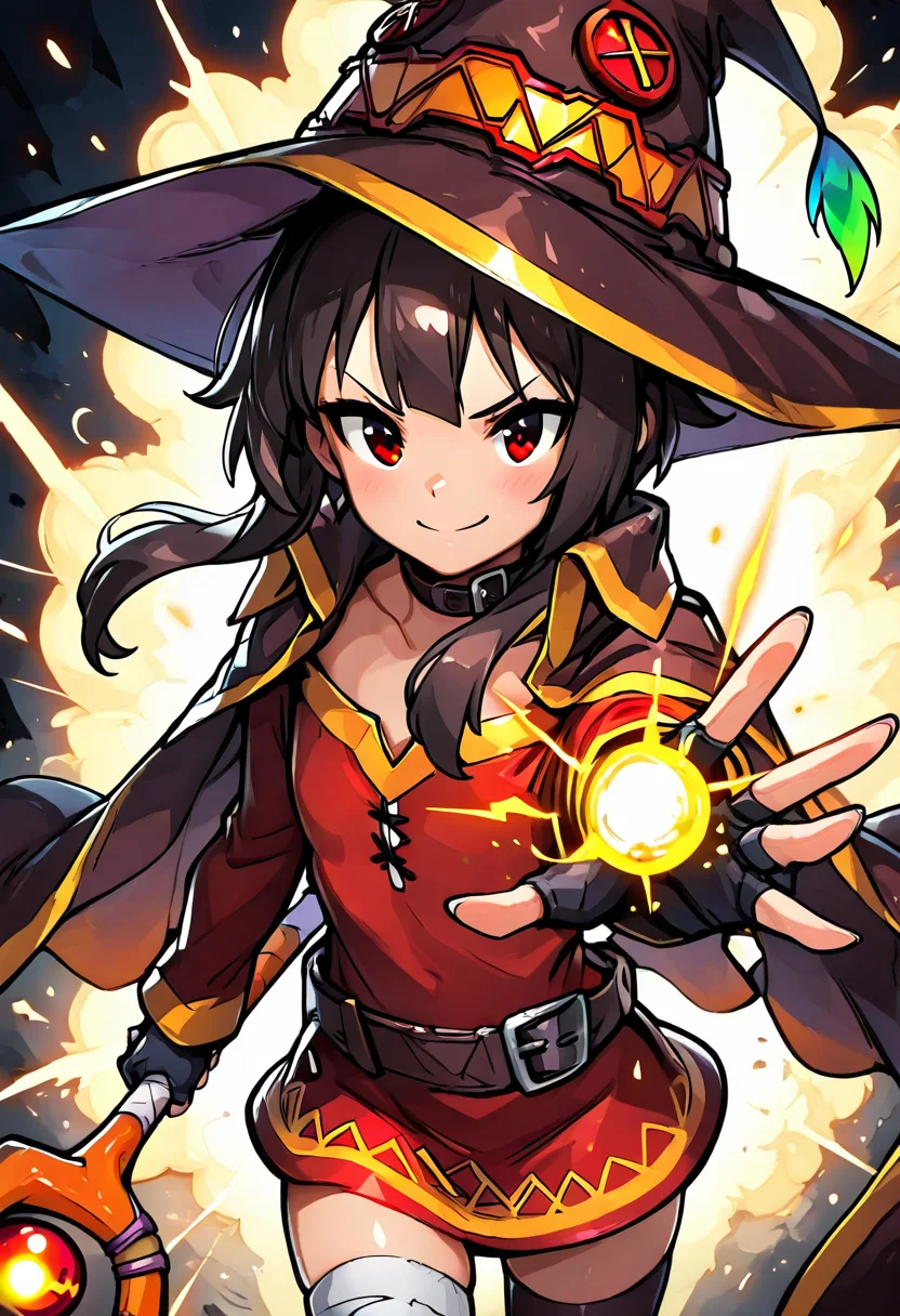 masterpiece, best quality, megumin, solo, looking at viewer, smile, red eyes, black hair, short hair with long locks, thighhighs, gloves, witch hat, red dress, black gloves, belt, black thighhighs, fingerless gloves, cape, collar, single thighhigh, asymmetrical legwear, bandaged leg, aura, casting spell, glowing staff, dramatic pose, magical explosion, swirling embers, fantasy setting, (upper body, foreshortening:1.2) , <lora:EnergyCAT_NAI:1.0>, ,