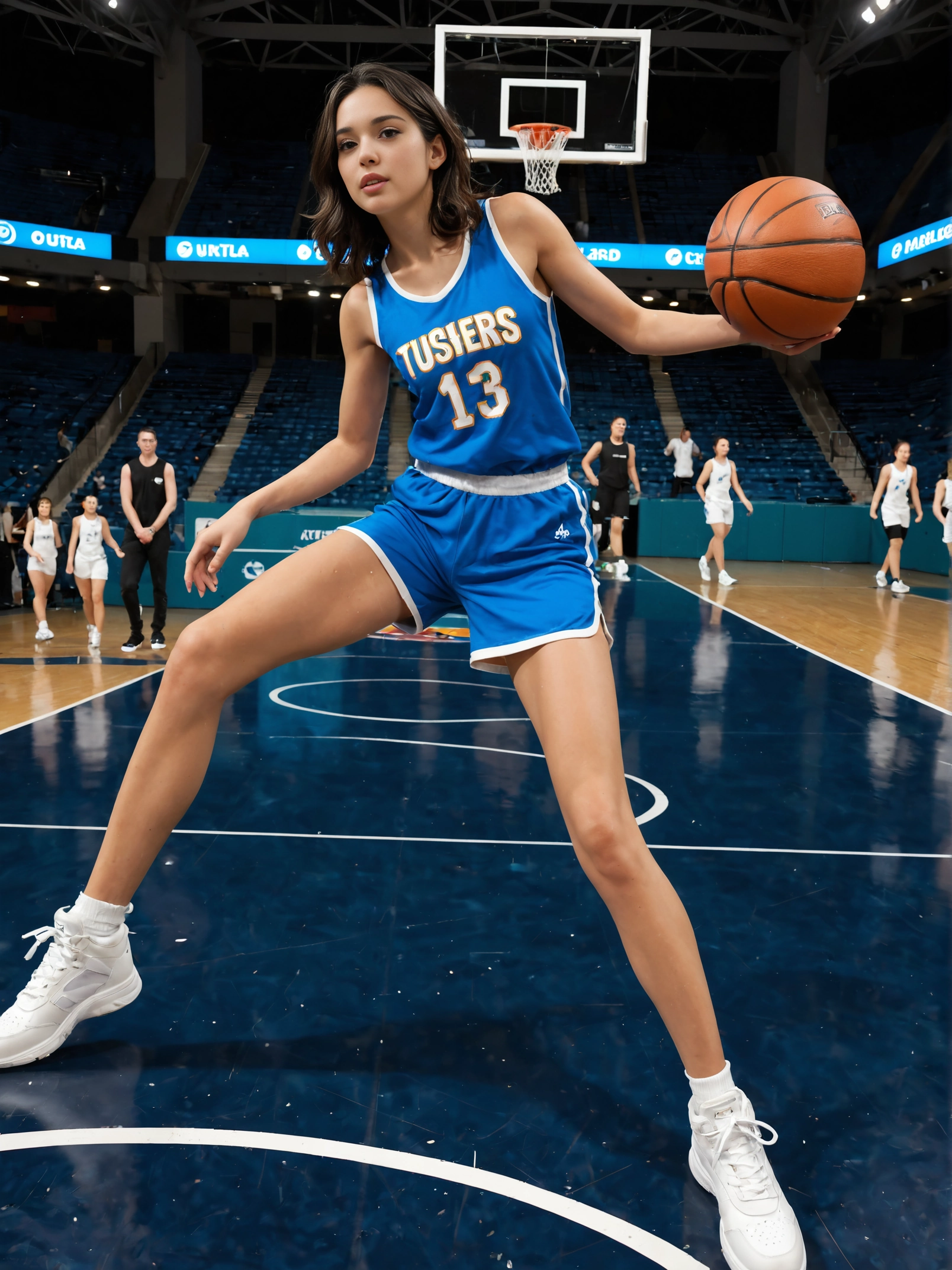 amazing quality, very aesthetic, masterpiece, best quality, perfect lighting, dramatic ambient, detailed, ultra-detailed, intricate details, dynamic pose, realistic, BREAK. , 21yo, (glamorous basketball player) adult , lithe build, short hazel wavy down hair, spanish, tan skin, light green eyes, wearing a black jersey, shorts, performance sneakers, holding a basketball, knee brace, set in Stadium Aisles, Wide pathways with safety barriers, directional signs, emergency exits, vendors selling merchandise, ushers assisting guests, at sunset, transparency, . (smirk:0.8), moving, sweat, . dynamic angle, dynamic view, (low angle:1.3), (side view:0.8), front view, medium full shot, closeup, closeup, .BREAK,