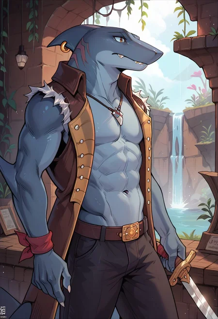 score_9_up, score_8_up, score_7_up, slade, shark, male, furry, blue body, two-tone body, fin piercing, tailband, open vest, pants, belt, shark tooth necklace, cavern, underground, holding cutlass, holding sword, serious expression, blue theme, 1boy, solo, detailed background