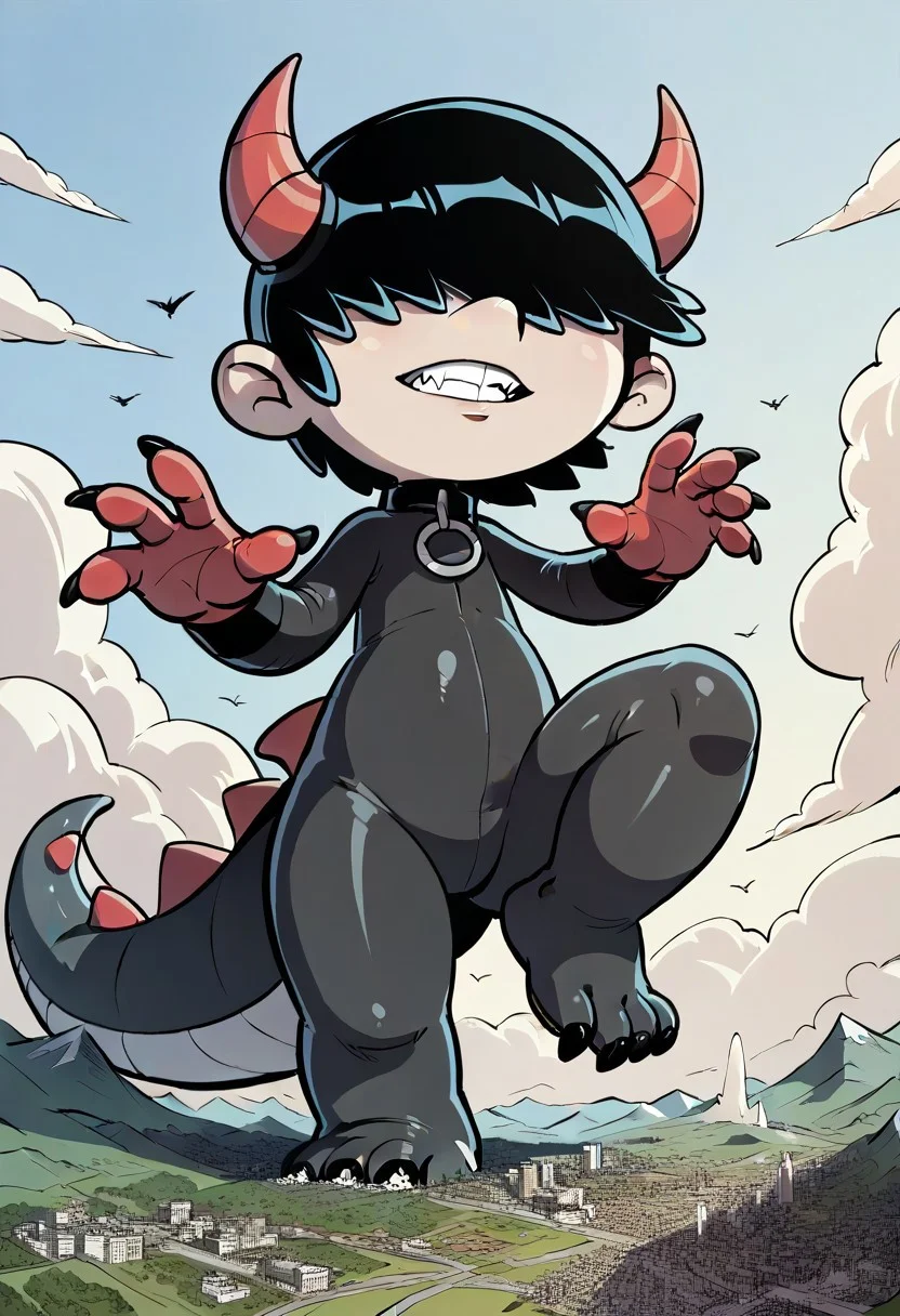 (score_9 | score_8_up | score_7_up) ((masterpiece:1))(best quality,very high quality,ultra detailed:1.2) (2D,cartoon style,anime style)(Smooth:2)(clean blurring) (four fingers on each hand,one thumb on each hand:1), Lars Loud, solo, 1boy, black hair, hair covers his eyes, pale grey skin, wearing a black dragon costume, monster, final form, sharp teeth, claws, spikes, horn, wings, tail, macro, growth, destruction, giantess, giantess, explosions around feet, dust near paws,(shrunken city :1.4), (shrunken cityscape:1.3), micro cityscape, solo, full body