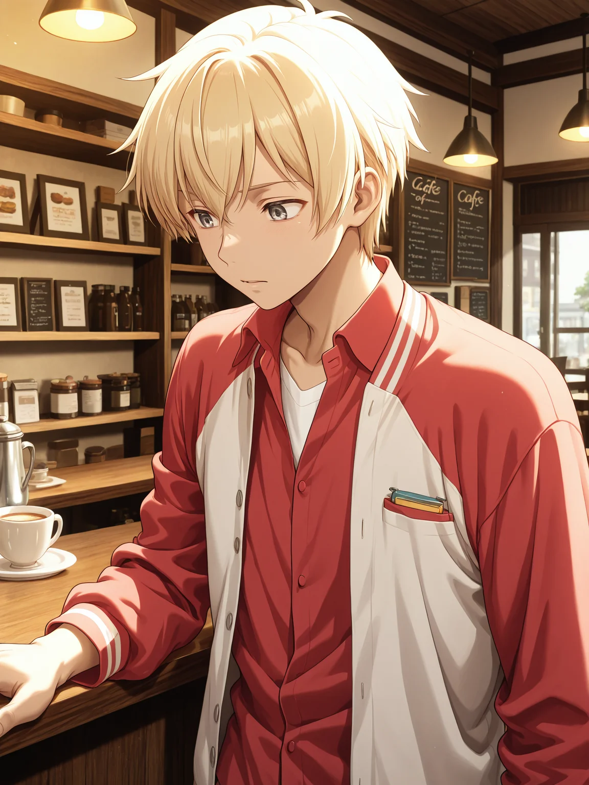 <lora:YoshikiXL:1> Yoshiki_CoPa, 1boy, dark grey eyes, red shirt, long sleeves, cafe,
solo <lora:cfg_scale_boost:0.9>upper body, blonde hair, anime coloring, anime screenshot,
masterpiece, best quality, amazing quality, very aesthetic, absurdres, newest, lazypos,