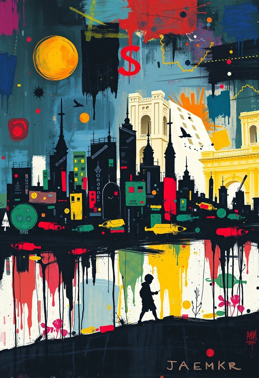 city of the future is silhouetted, abstract expressionism, raw brushstrokes, vibrant colors, childlike forms, loose composition, emotional intensity, gestural lines, surreal imagery, spontaneous style, psychological depth, mixed media, layered textures, subconscious themes, primal energy, expressive abstraction