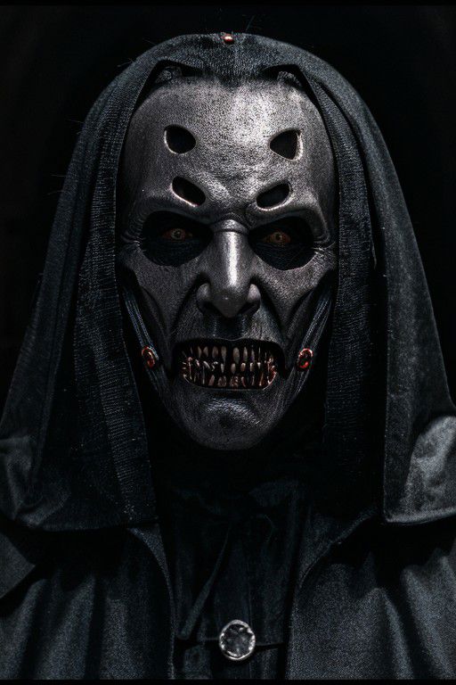Photo of scary Dracula, Dracula metallic mask, ((medium shot)), night, cemetery, hyper-realistic, ultra-detailed, insanely detailed, 4k, realistic 8k, shot on portra 400