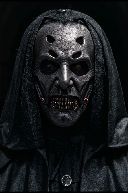 Photo of scary Dracula, Dracula metallic mask, ((medium shot)), night, cemetery, hyper-realistic, ultra-detailed, insanely detailed, 4k, realistic 8k, shot on portra 400