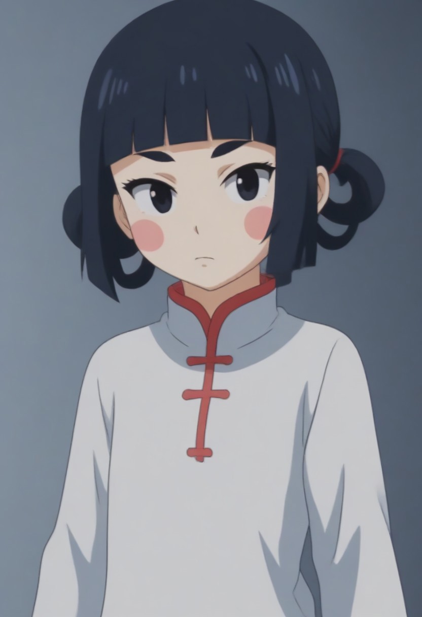source_anime, anime screencap, source_anime, auratheguillotine, anime screencap, masterpiece, source_anime, shiny skin,,,,,,,,,<lora:jasmineMedi_illustriousXL_v01:1> jasmindef, black hair, blunt bangs, short hair, black eyes, blush stickers, hair rings, sidelocks, small brows, chinese clothes, white dress,