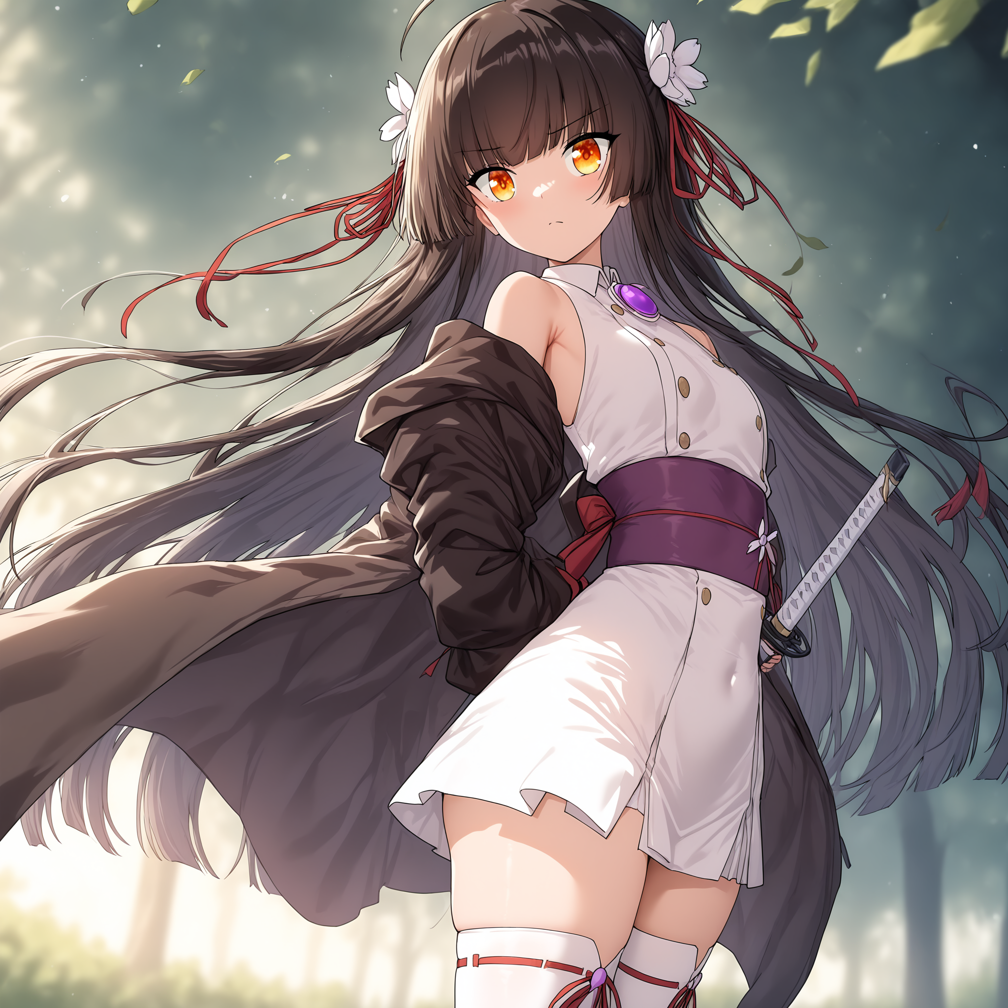 masterpiece,best quality,newest,absurdres,highres,safe,<lora:noobai_ep11_stabilizer_v0.138_fp16:1>,1girl,thighhighs,<lora:Shana:1>,shana,katana,