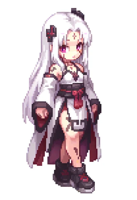 1girl, solo, long hair, looking at viewer, simple background, long sleeves, hair ornament, red eyes, dress, closed mouth, very long hair, standing, purple eyes, full body, white hair, detached sleeves, shoes, wide sleeves, black footwear, white dress, flat chest, tattoo, facial mark, transparent background, forehead mark
ROSPRITE,