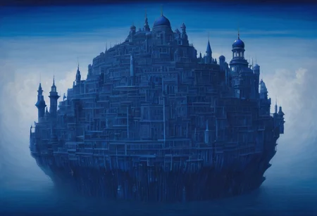 <lora:parrishstyle:0.9> (absurdres, masterpiece, biggest quality) award winning painting of a floating castle in the air, epic composition, detailed, parts made of deep blue crystal, intricate, the greatest painting ever