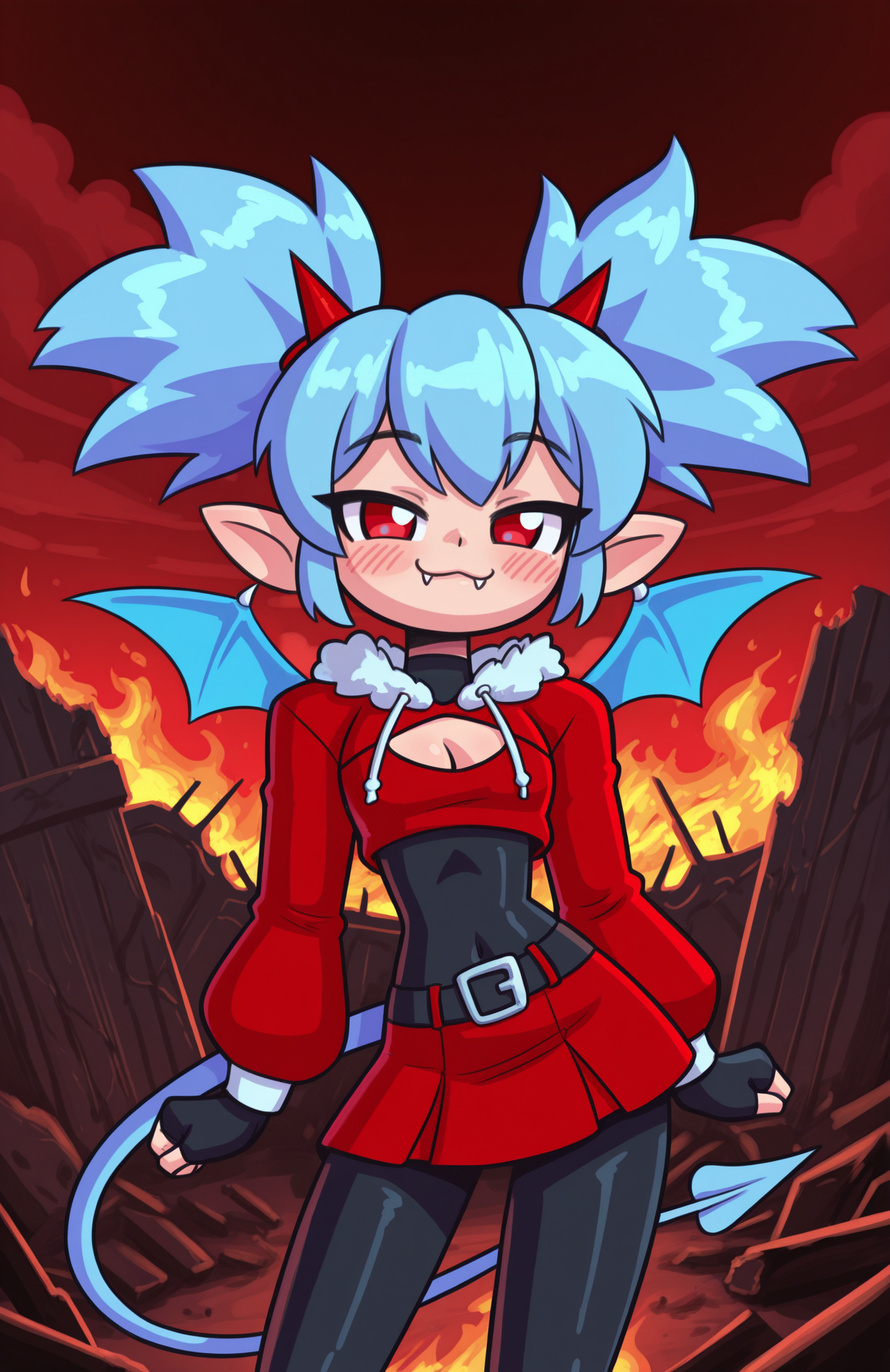 1girl, solo, ruins, hell, cloud, red sky, dark sky, fiery sky, fire, cowboy shot,
<lora:Nullantwins:0.8> zhuu, red eyes, blue hair, red horns, demon tail, blue tail, demon wings, blue wings, twintails, big hair, pointy ears,
red hoodie, cropped hoodie, long sleeves, black bodysuit, fur-trimmed hoodie, blue fur, black gloves, fingerless gloves, cleavage cutout, red skirt, midriff, black belt, belt buckle, blue drawstring,
contrapposto, light smile, blush, looking at viewer, smug, :3, fangs out,
 <lora:shadowhawx95-10:1> shadhawx, extremely detailed, highres, masterpiece, best quality