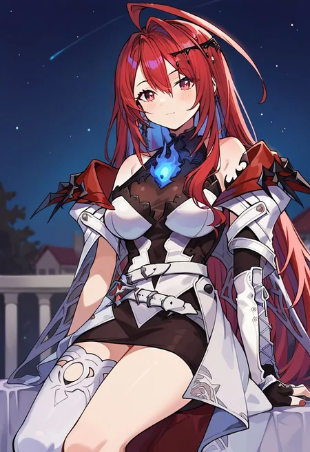 score_9, score_8_up, score_7_up, source_anime, 1girl, outdoors, night, starry sky, milky ways,
BREAK ,
red hair, red eyes, ahoge, blue fire, erb_main, asymmetrical gloves, asymmetrical dress, open jacket, off shoulder, white belt, single thighhigh