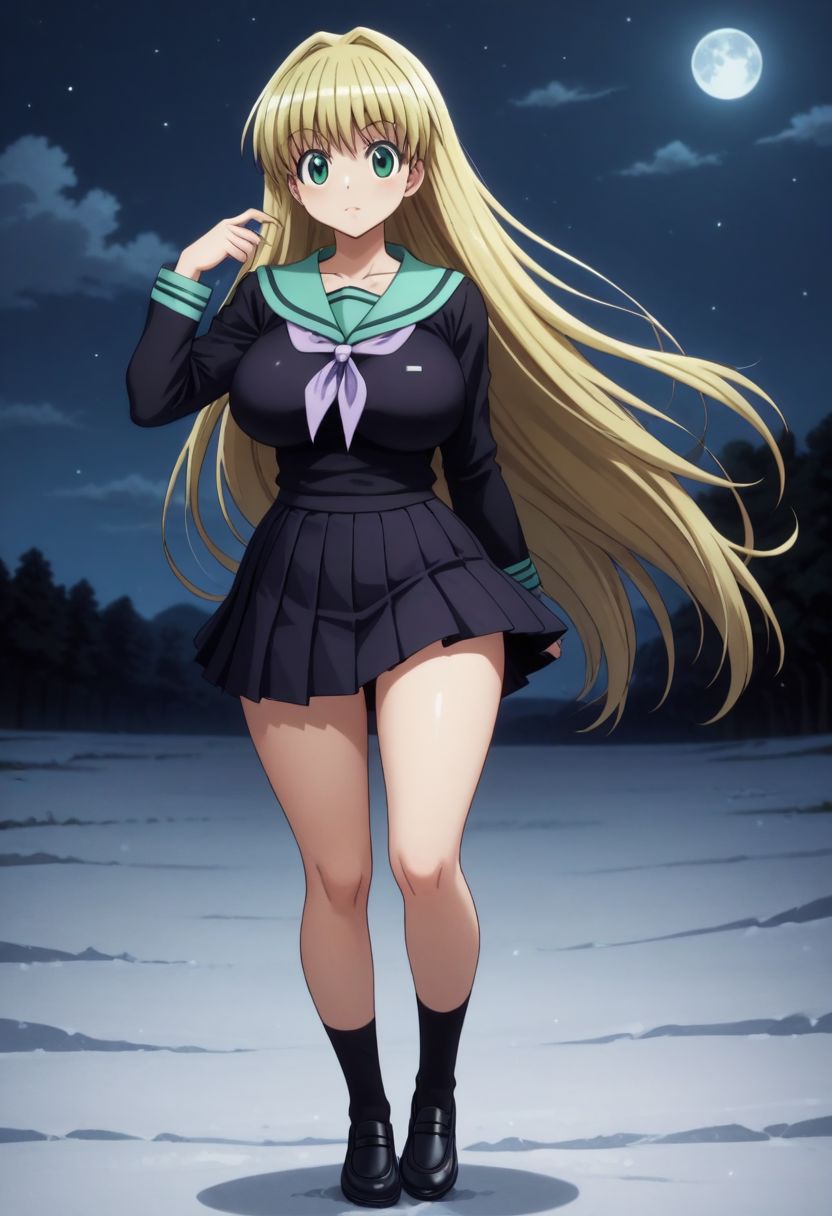 score_9, score_8_up, score_7_up, source_anime, rating_safe, intricate details, semi-realistic, looking at viewer, depth of field, 1girl, solo, female focus, <lora:shalnark_ryuseih_pony:0.92>, shalnark_ryuseih, blonde hair, green eyes,very long hair,absurdly long hair,big hair,female eyelashes, female eyebrows, curvy female, kawaii, ultra cute girl, ultra cute face, thighs, collarbone,large breasts,huge breasts,black serafuku,skirt,black skirt,miniskirt,pleated skirt,stockings,loafers, wide angle, wide shot, full body, snowy field, night, full moon, leaning on object, :\3, , <lora:sdxl_lightning_8step_lora:1>