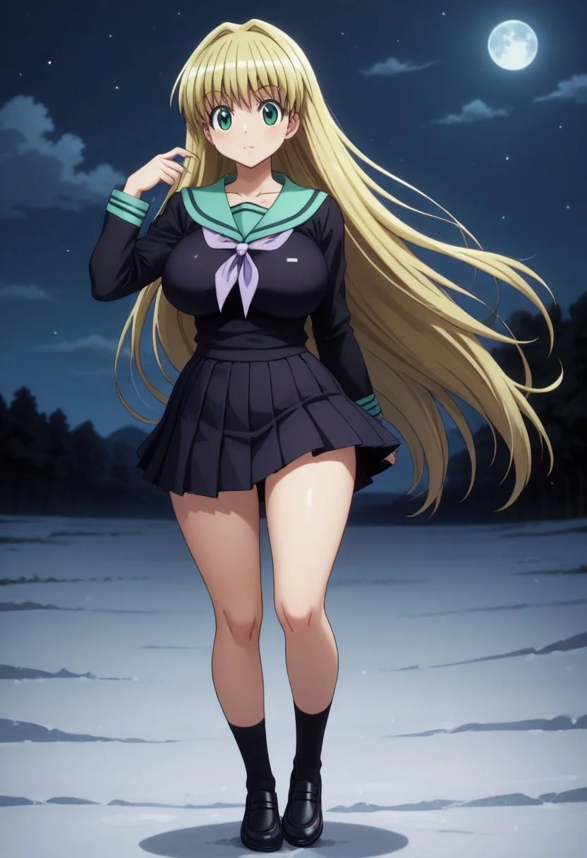 score_9, score_8_up, score_7_up, source_anime, rating_safe, intricate details, semi-realistic, looking at viewer, depth of field, 1girl, solo, female focus, <lora:shalnark_ryuseih_pony:0.92>, shalnark_ryuseih, blonde hair, green eyes,very long hair,absurdly long hair,big hair,female eyelashes, female eyebrows, curvy female, kawaii, ultra cute girl, ultra cute face, thighs, collarbone,large breasts,huge breasts,black serafuku,skirt,black skirt,miniskirt,pleated skirt,stockings,loafers, wide angle, wide shot, full body, snowy field, night, full moon, leaning on object, :\3, , <lora:sdxl_lightning_8step_lora:1>