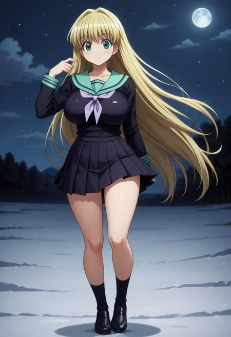 score_9, score_8_up, score_7_up, source_anime, rating_safe, intricate details, semi-realistic, looking at viewer, depth of field, 1girl, solo, female focus, <lora:shalnark_ryuseih_pony:0.92>, shalnark_ryuseih, blonde hair, green eyes,very long hair,absurdly long hair,big hair,female eyelashes, female eyebrows, curvy female, kawaii, ultra cute girl, ultra cute face, thighs, collarbone,large breasts,huge breasts,black serafuku,skirt,black skirt,miniskirt,pleated skirt,stockings,loafers, wide angle, wide shot, full body, snowy field, night, full moon, leaning on object, :\3, , <lora:sdxl_lightning_8step_lora:1>