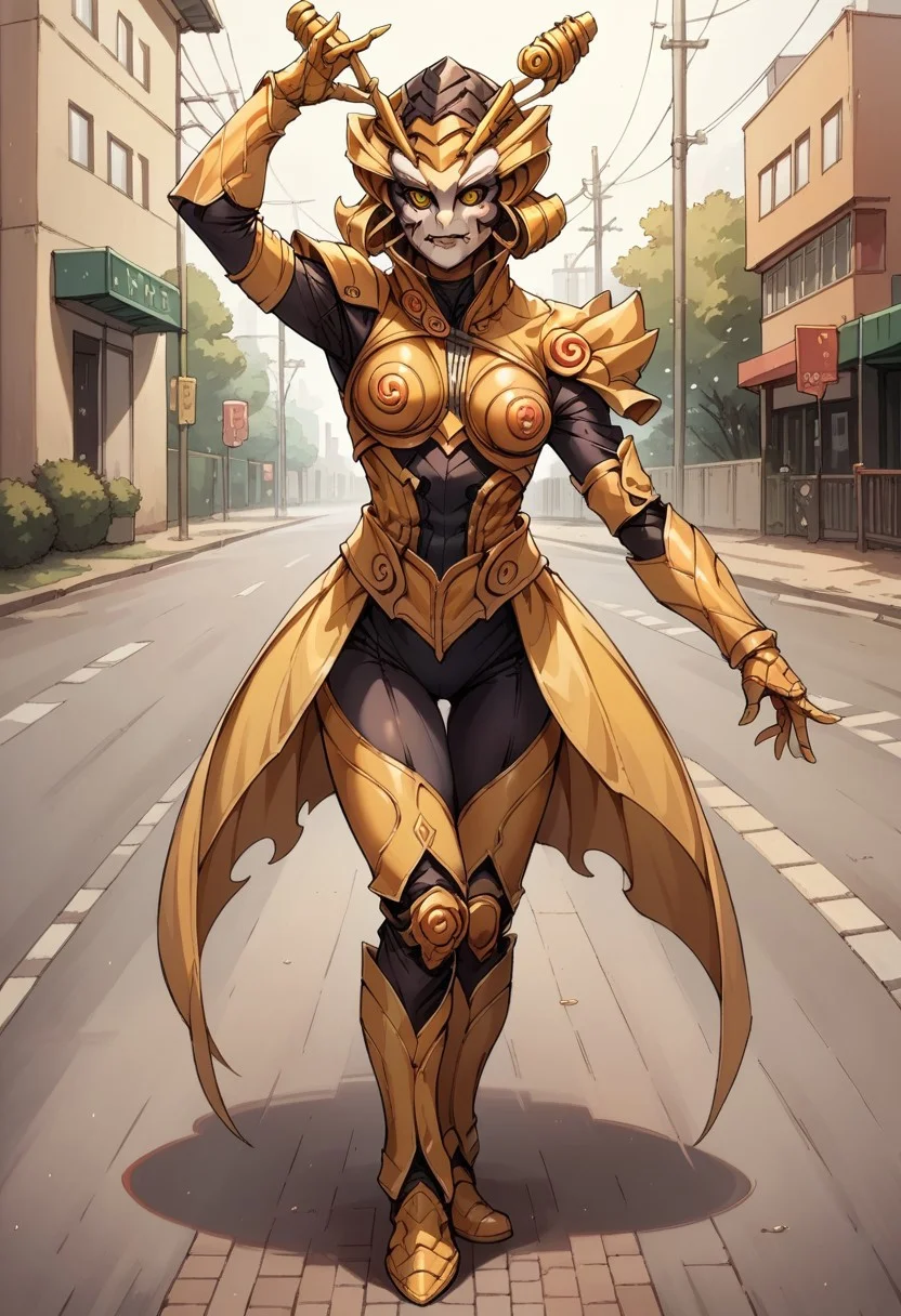 score_9, score_8_up, score_7_up, score_6_up, 1femkaijin, yellow hornet themed costume, white sculpted face, medium breasts, fk helmet, monster body, organic body, streets, dynamic pose, Kodak Gold 200 analog film stock style, Style-DoF, solo, full body,