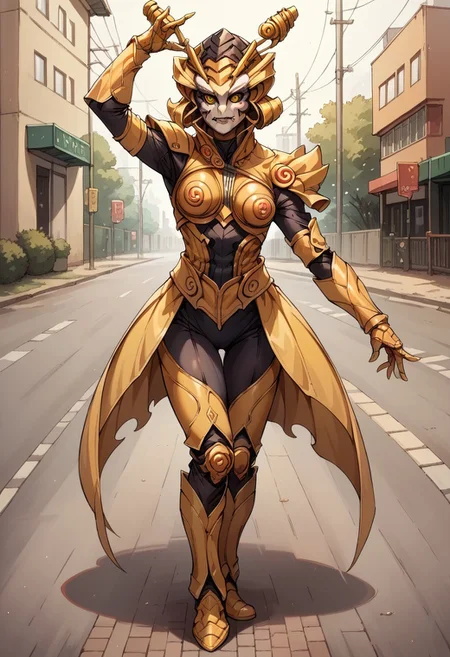 score_9, score_8_up, score_7_up, score_6_up, 1femkaijin, yellow hornet themed costume, white sculpted face, medium breasts, fk helmet, monster body, organic body, streets, dynamic pose, Kodak Gold 200 analog film stock style, Style-DoF, solo, full body,