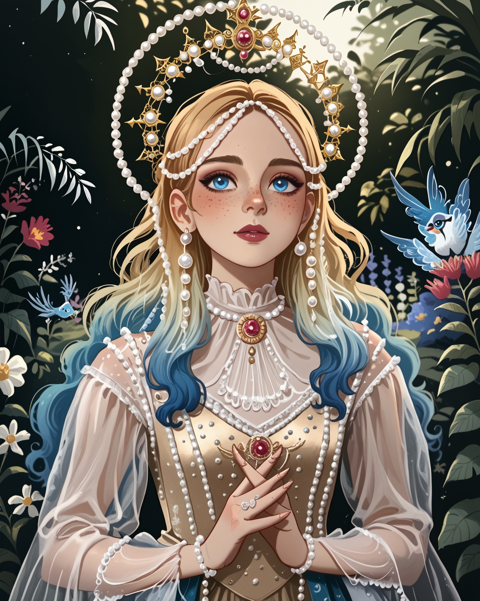 1girl, halocro, pearls, peacock feathers, (ornate dress:0.9), gradient hair, long hair, freckles, deep blue eyes, garden, extremely detailed clothing, intricate details, digital art, masterpiece, absurdres, highest quality, score_9, score_8_up, score_7_up,   <lora:HaloCrown_XL:1.1>,   <lora:MSMLN:0.6> MSMLN