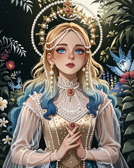1girl, halocro, pearls, peacock feathers, (ornate dress:0.9), gradient hair, long hair, freckles, deep blue eyes, garden, extremely detailed clothing, intricate details, digital art, masterpiece, absurdres, highest quality, score_9, score_8_up, score_7_up, <lora:HaloCrown_XL:1.1>, <lora:MSMLN:0.6> MSMLN