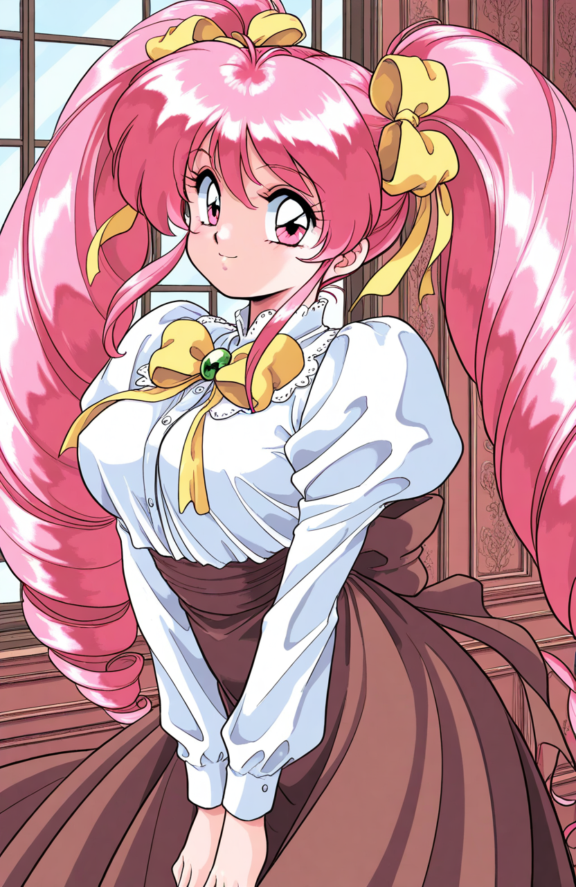 general,highres, ultra-detailed,very aesthetic,best quality ,best hands,  BREAK <lora:Nishino_Yoko_IS:1>Nishino_Yoko,1girl,solo, pink eyes,  pink hair, big hair, very long hair, twintails, hair ribbon, yellow bow,  large breasts, retro artstyle,
game cg style, skirt, long sleeves, smile, looking at viewer, ribbon, shirt, bow, puffy sleeves, bangs, drill hair, long skirt, hair bow, white shirt, frills, brown skirt, blouse, cowboy shot, indoors, juliet sleeves, twin drills, window,
