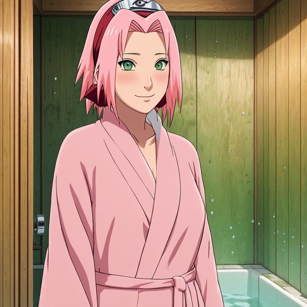 A hot sexy and naughty picture of Sakura Haruno taking a bath wearing a pink bathrobe ; sexy beautiful body ; standing full-body view ; naughty teasing smile ; forehead mark and green eyes