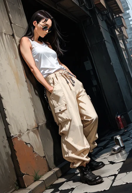 charcoal sketch, (abstract_style:1.2), 1girl, (interesting_face, defined_cheekbones:1.3), medium complexion, Asian, dark hair, long hair, round sunglasses, white tee shirt, sleeveless, cropped, baggy pants, pocket chain, hands in pockets, leather boots, looking down, kicking can, empty can, urban street, desolate, lonely, cracked pavement, lively pencil, dramatic sketch, dynamic angle, dynamic pose, abstract, three quarter view