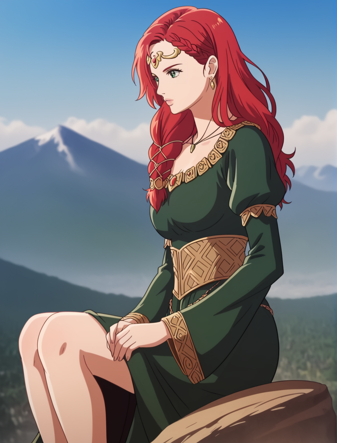 best quality, highres, HeraLOTR, solo, red hair, long hair, braid, green eyes, green dress, gold waist, long sleeves, circlet, necklace, earrings, dynamic angle, outdoors, realistic background, blurry background, bokeh, posing, sitting on rock, knees, sky, in mountains, from side, flowing hair, heroic, epic composition, looking forward, hands together, <lora:HeraLOTR:0.9>