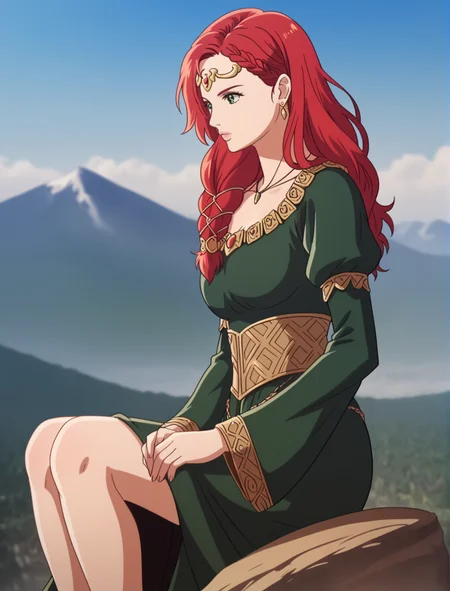 best quality, highres, HeraLOTR, solo, red hair, long hair, braid, green eyes, green dress, gold waist, long sleeves, circlet, necklace, earrings, dynamic angle, outdoors, realistic background, blurry background, bokeh, posing, sitting on rock, knees, sky, in mountains, from side, flowing hair, heroic, epic composition, looking forward, hands together, <lora:HeraLOTR:0.9>