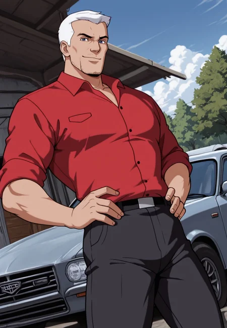 masterpiece, best quality, amazing quality, RaceBannon, blue eyes, short hair, red shirt, sleeves rolled up, belt, black pants, white hair, mature male, muscular, cowboy shot, looking at viewer, dynamic pose, smile, garage, outdoors, blue sky, clouds, tree, car, dutch angle, hands on hips,